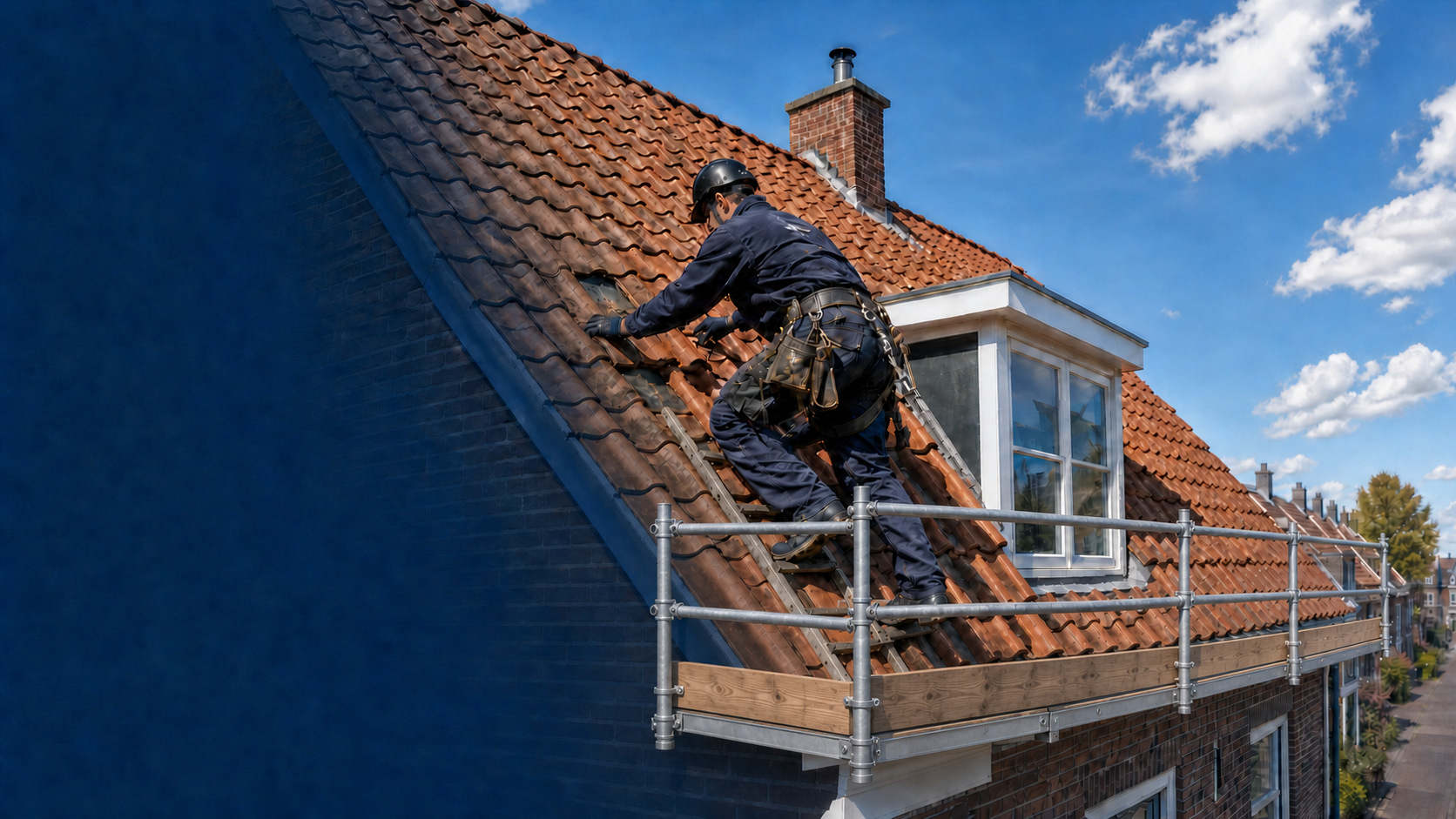 Dakdekker met veiligheidsharnas aan het werk op een pannendak bij een dakkapel